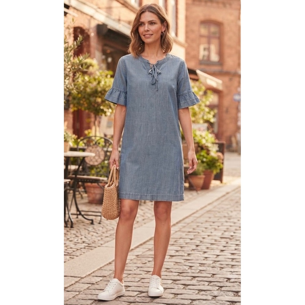 Vineyard Vines Chambray‎ Shift Dress Blue Ruffle Bell Sleeve Lace Up Womens 2